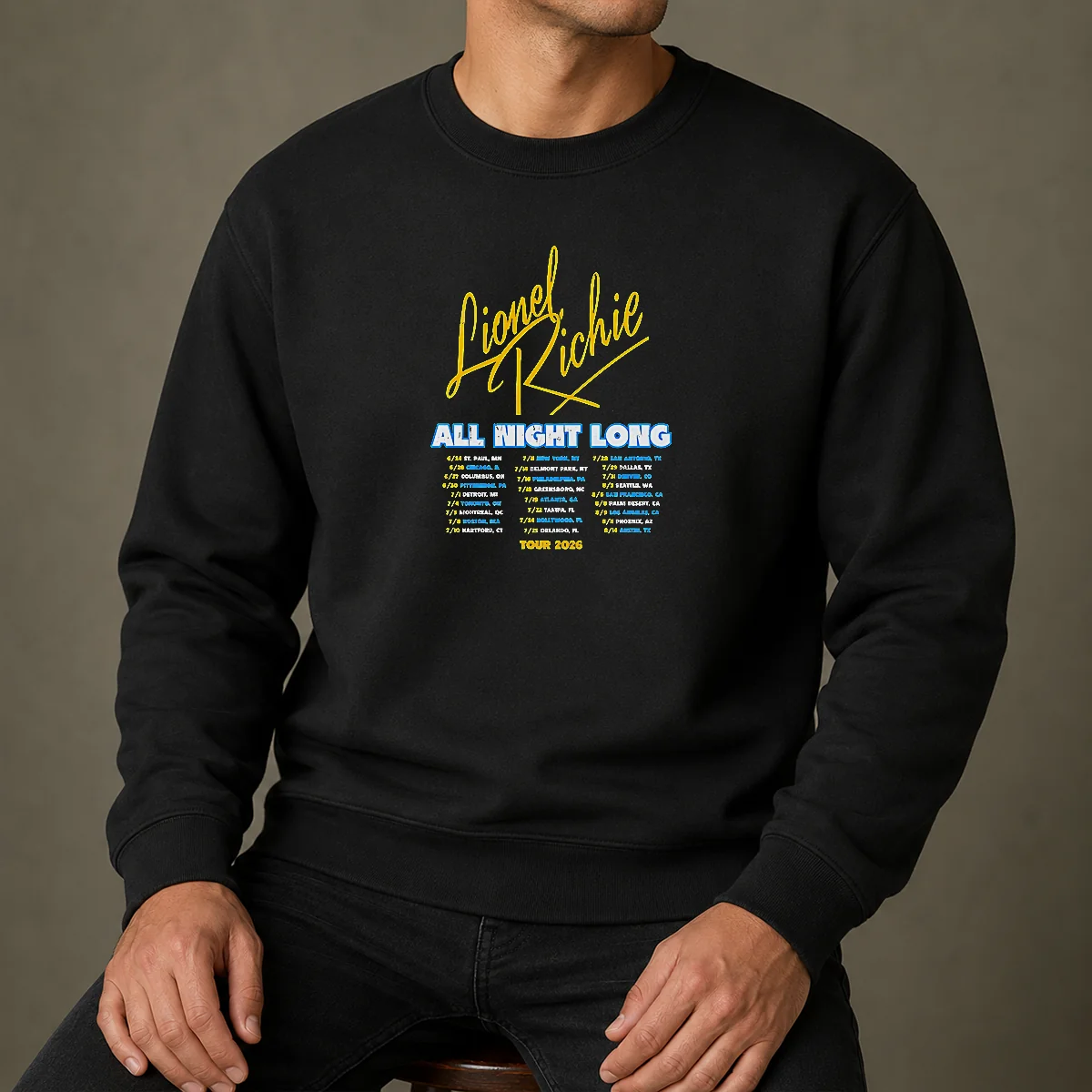 Nice Lionel Richie All Night Long Tour 2026 Concert Dates City List Poster sweater in charcoal grey, unisex crewneck sweatshirt