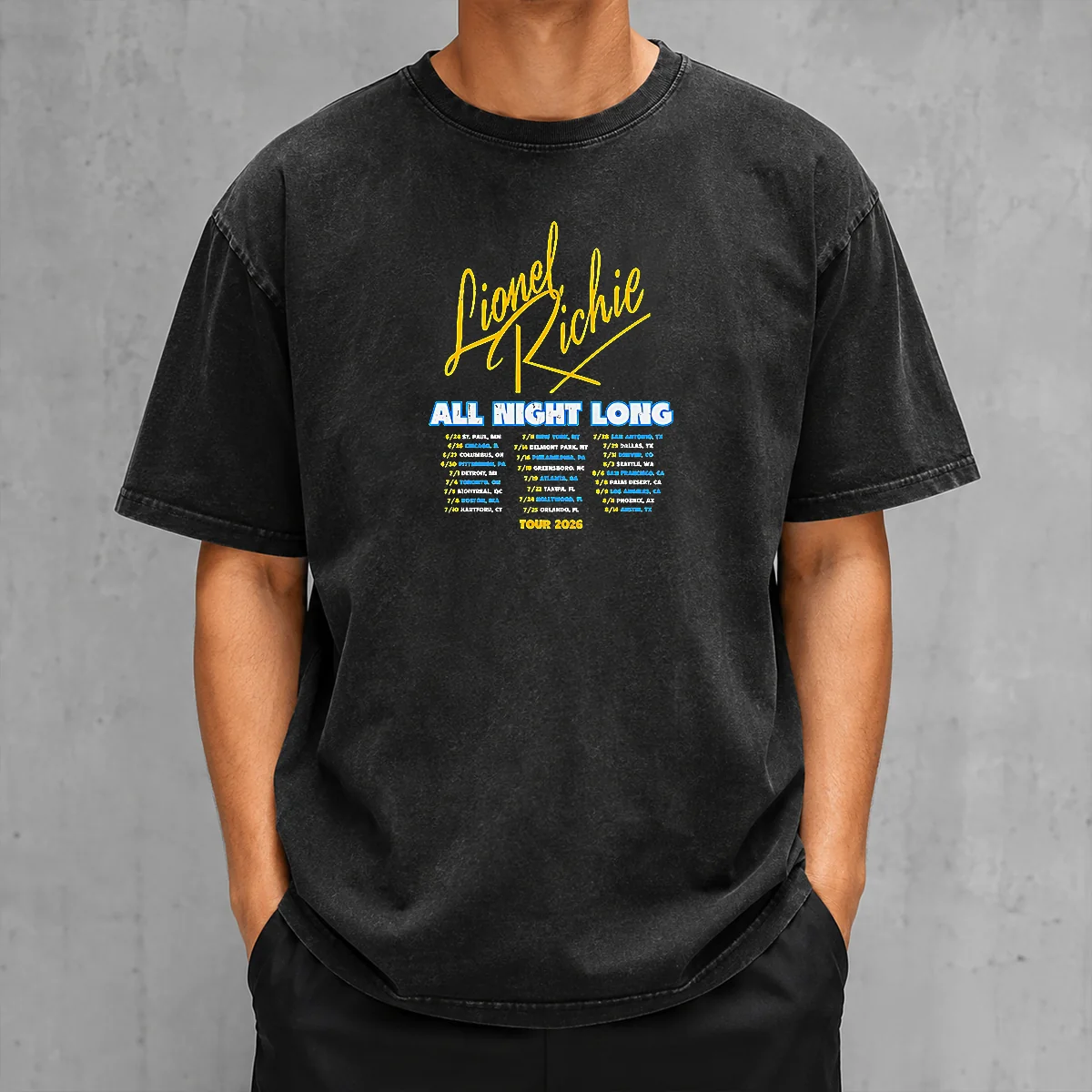 Nice Lionel Richie All Night Long Tour 2026 Concert Dates City List Poster on a washed t shirt with vintage look
