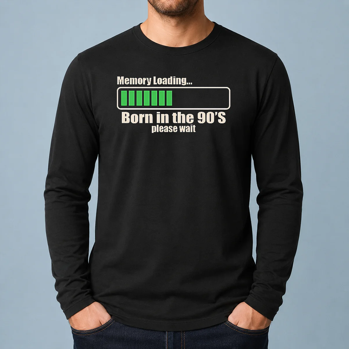 Nice Memory Loading Geek Long Sleeve Shirt in black with white loading bar graphic on front