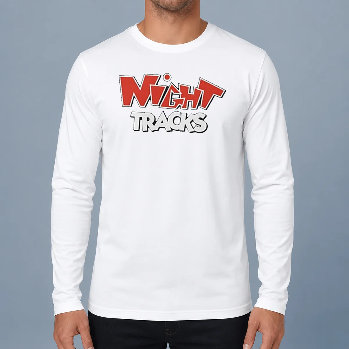 Nice Night Tracks Logo Long Sleeve Shirt in dark color with front logo print, crew neck, and ribbed cuffs