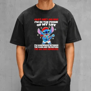 Nice Original Stitch Lilo And Stitch Old Me Oh No I'M In The Prime Of My Life washed t shirt front view on white background
