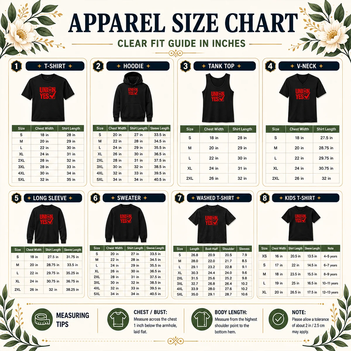 Nice Union Yes AFL Clo Size Chart Size chart for Nice Union Yes AFL Clo with measurements in inches and centimeters