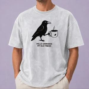 Official Crow Raven Drink Coffee Hello Darkness My Old Friend Washed T-Shirt