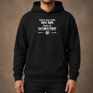 Official Don'T Turn This Date Rape Into A Homicide Hoodie in black, featuring bold white text on a comfortable pullover design