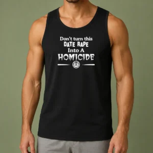 Official Don'T Turn This Date Rape Into A Homicide Tank Top in black, sleeveless casual wear with bold white text