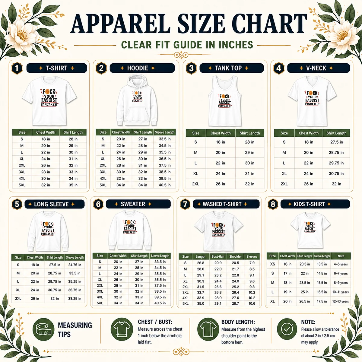 Official Fuck Your Fascist Pancakes Size Chart Size chart for Official Fuck Your Fascist Pancakes showing measurements in inches and cm