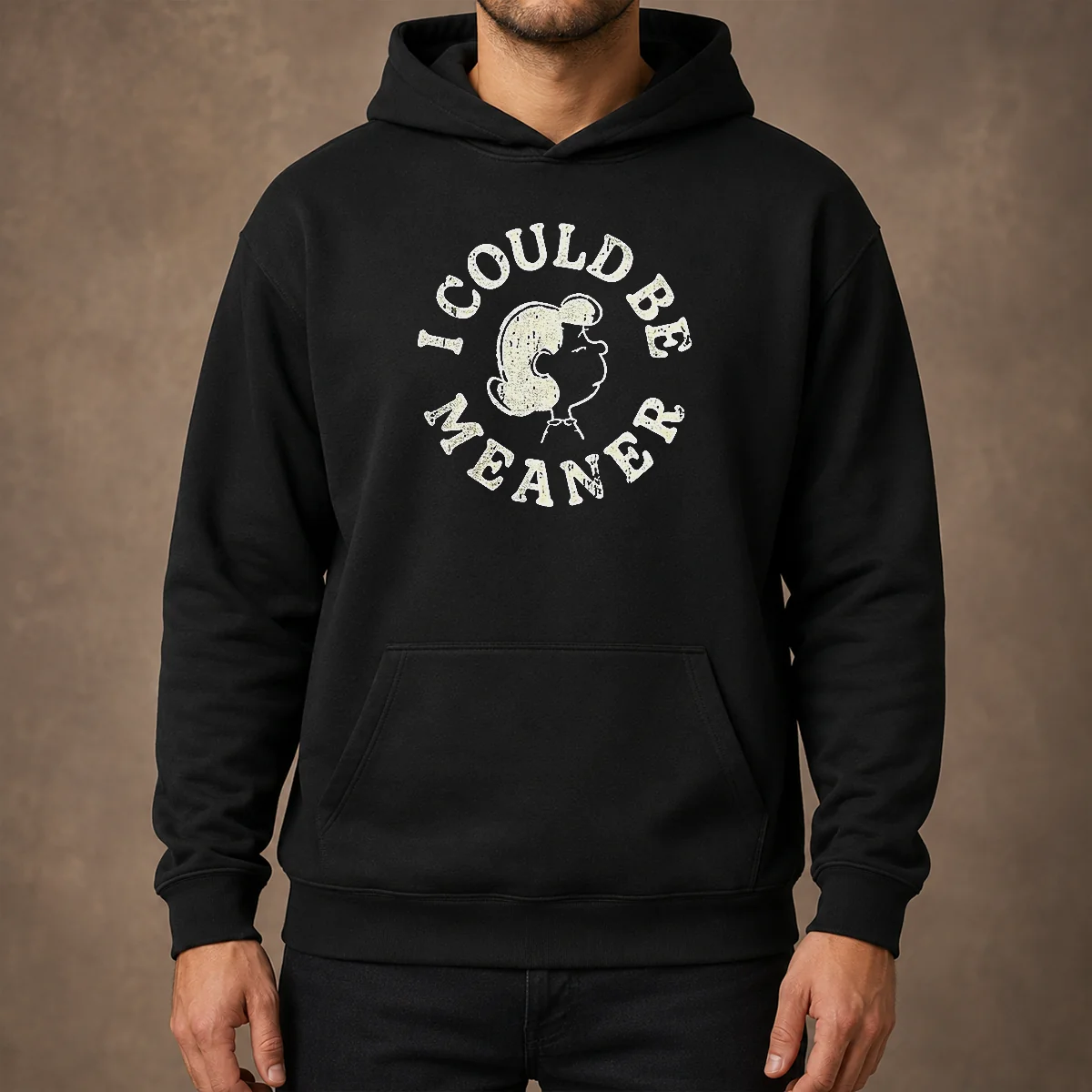 Official Lucy Peanuts I Could Be Meaner Hoodie in black with front graphic and cozy fit