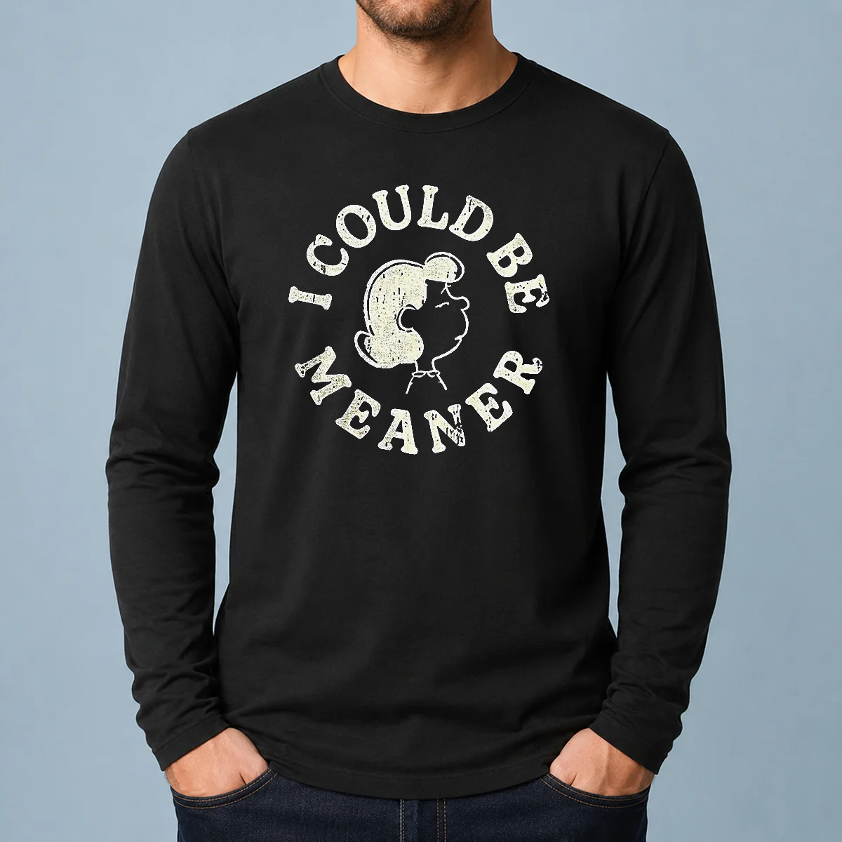 Official Lucy Peanuts I Could Be Meaner Long Sleeve Shirt featuring classic Peanuts character design on comfortable lightweight fabric