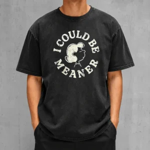 Official Lucy Peanuts I Could Be Meaner washed t shirt in faded black showing front graphic and crew neckline