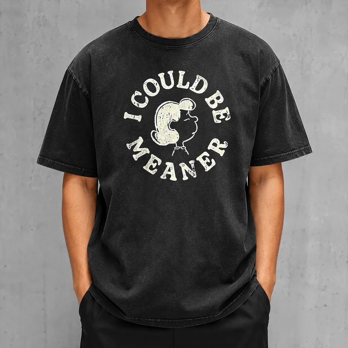 Official Lucy Peanuts I Could Be Meaner washed t shirt in faded black showing front graphic and crew neckline