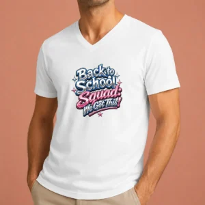 Original Back To School Squad Y2K Chrome V Neck Shirt in metallic chrome print on a comfortable black V neck tee