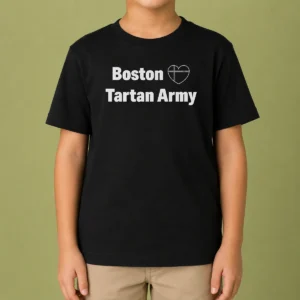 Original Boston Tartan Army I Love Scotland Soccer National Team Supporters Kids T Shirt in blue with bold text and tartan design