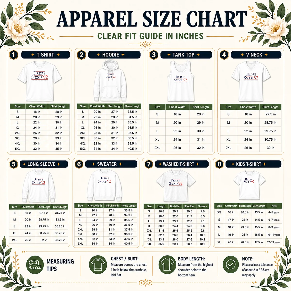 Original Dr Dre And Snoop Dogg '92 It'S Like This And Like That Size Chart Size chart for Original Dr Dre And Snoop Dogg '92 It'S Like This And Like That with measurements in inches and cm