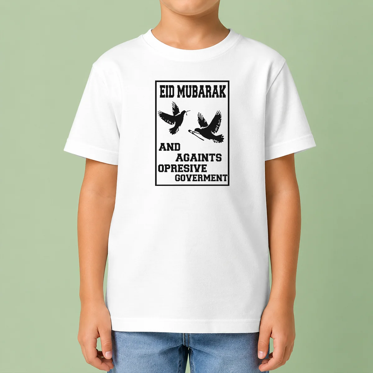 Original Eid Mubarak And Against Oppressive Government kids t shirt featuring bold text design on a comfortable cotton fabric