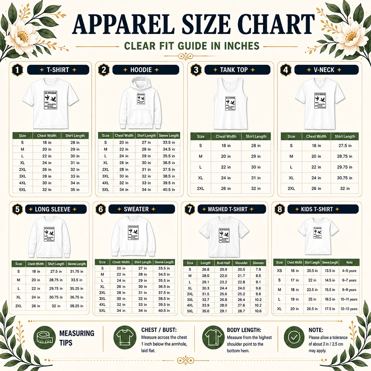 Original Eid Mubarak And Against Oppressive Government Size Chart Size chart for Original Eid Mubarak And Against Oppressive Government showing measurements in inches and cm