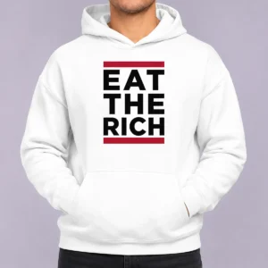 Original Good Shawn Fain Eat The Rich Hoodie in black, featuring bold white text on front, comfortable pullover style with front pocket and hood