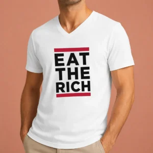 Original Good Shawn Fain Eat The Rich V Neck Shirt in black with white text and graphic