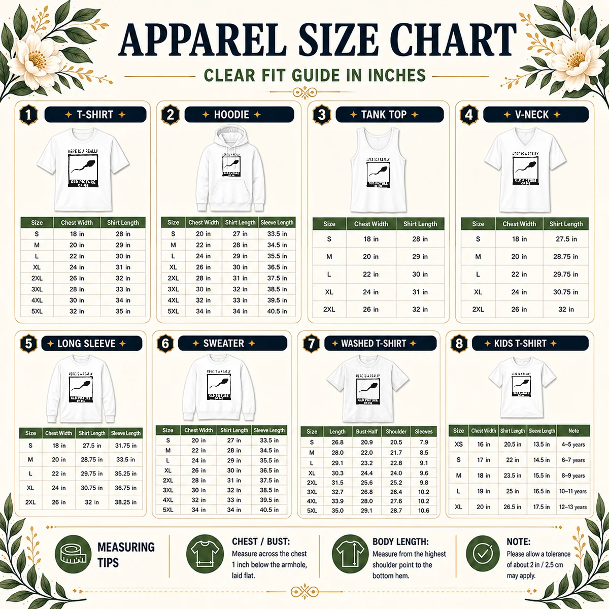 Original Here'S A Really Old Picture Of Me Size Chart Size chart for Original Here'S A Really Old Picture Of Me with measurements in inches and cm