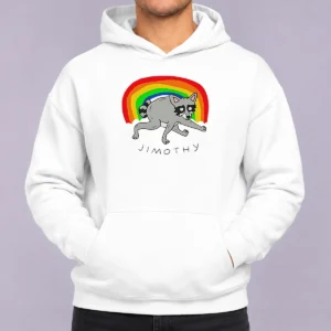 Original Jimothy The Raccoon Rainbow Funny Animal Hoodie featuring a colorful raccoon graphic on a cozy pullover sweatshirt