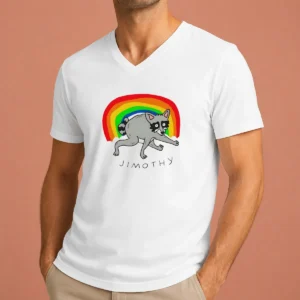 Original Jimothy The Raccoon Rainbow Funny Animal V Neck Shirt showing colorful raccoon graphic on soft fabric