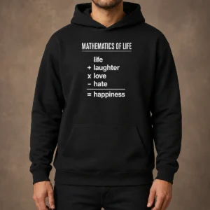 Original Mathematics Of Life Hoodie in black, featuring a front pocket and adjustable drawstring hood