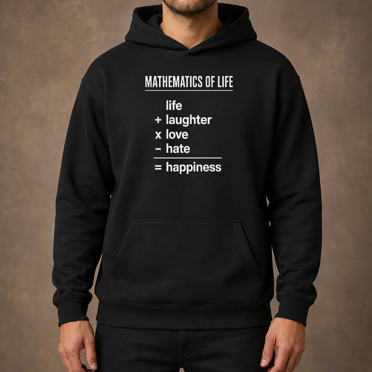 Original Mathematics Of Life Hoodie in black, featuring a front pocket and adjustable drawstring hood