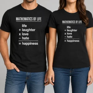 Original Mathematics Of Life t shirt front view in black cotton fabric