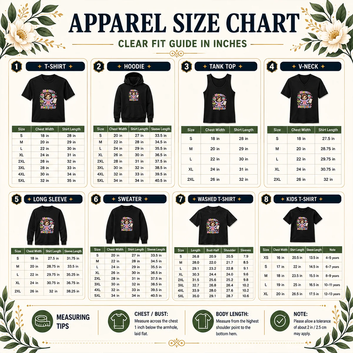 Original Multitasking Mom Kawaii Shirt Size Chart Size chart for the Original Multitasking Mom Kawaii Shirt with measurements in inches and cm.