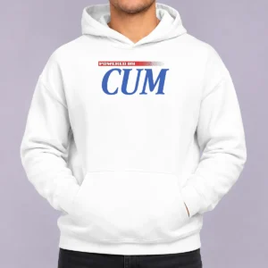 Original Pretty Powered By Cum Hoodie in black with front graphic print and adjustable drawstring hood