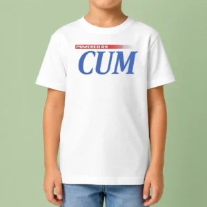 Original Pretty Powered By Cum Kids T Shirt in white, short-sleeve cotton tee for children