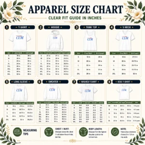 Size chart for Original Pretty Powered By Cum showing measurements in inches and cm