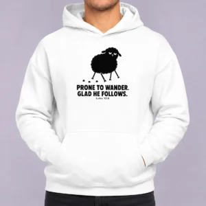 Original Prone To Wander Glad He Follows Hoodie in dark gray, featuring front pocket and adjustable hood