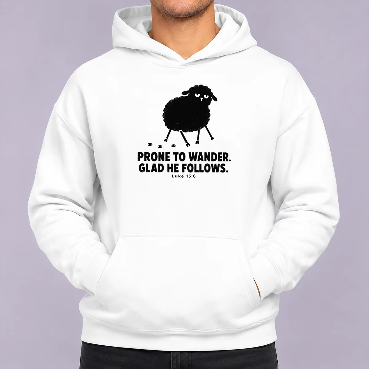 Original Prone To Wander Glad He Follows Hoodie in dark gray, featuring front pocket and adjustable hood