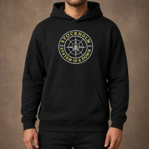 Original System Of A Down Stockholm 2026 Tour Badge Hoodie in black with front graphic print