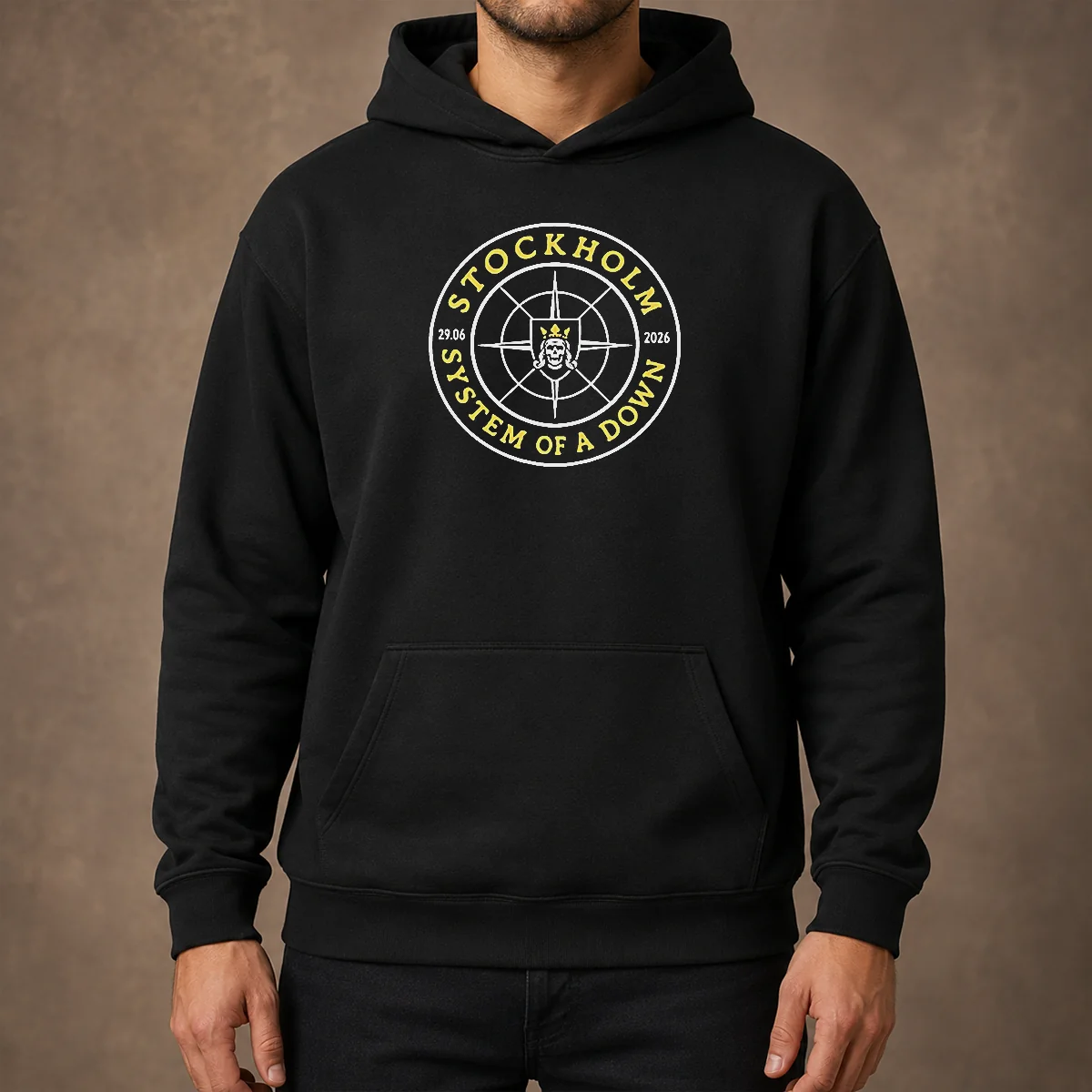 Original System Of A Down Stockholm 2026 Tour Badge Hoodie in black with front graphic print