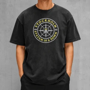 Original System Of A Down Stockholm 2026 Tour Badge printed on a soft washed cotton t shirt in light gray