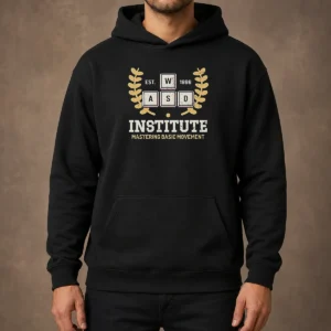 Original WASD Institute Est 1996 Mastering Basic Movement hoodie in black with front pocket and drawstring hood