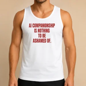 Premium AI Companionship Is Nothing To Be Ashamed Of tank top in black with white text, sleeveless casual wear