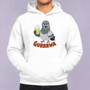 Premium Angry Pigeon With Beer And Cigarette Hoodie in dark gray, featuring a bold graphic print on the front