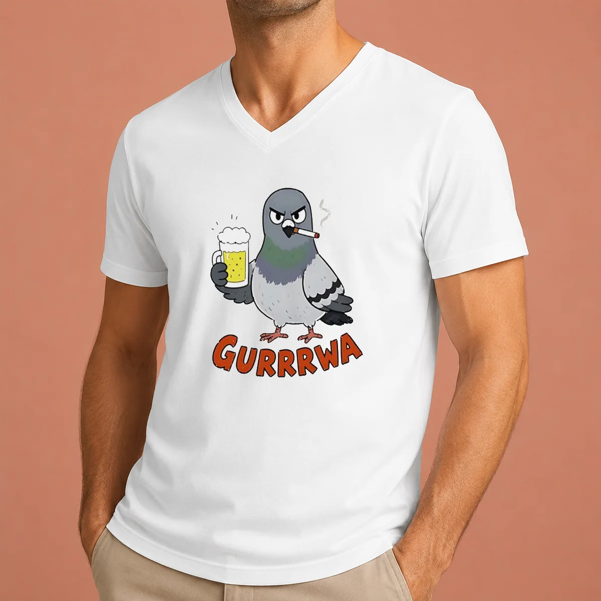 Premium Angry Pigeon With Beer And V-Neck Shirt Premium Angry Pigeon With Beer And V-Neck Shirt
