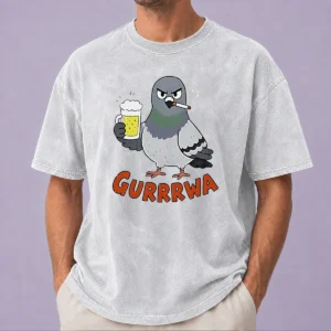 Premium Angry Pigeon With Beer And Cigarette printed on a soft washed t shirt in light grey