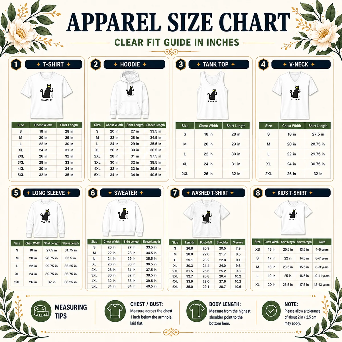 Premium Black Cat Holding Knife Killin' It Size Chart Size chart for Premium Black Cat Holding Knife Killin' It with measurements in inches and cm