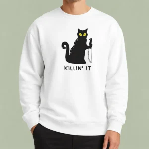 Premium Black Cat Holding Knife Killin' It sweater in black with bold graphic design, cozy knit fabric