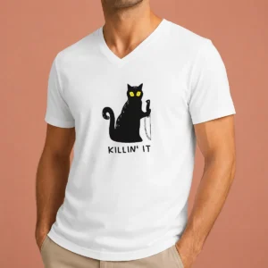 Premium Black Cat Holding Knife Killin' It V Neck Shirt in black, featuring a graphic of a cat holding a knife