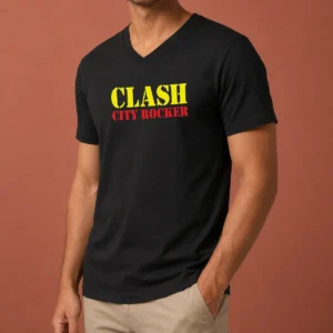 Premium Clash City Rocker V Neck Shirt in charcoal gray showing front design and short sleeves