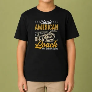 Premium Classic American Hughes OH 6 Cayuse Loach Arm Aviation Action Kids T Shirt in bright red, featuring detailed aviation graphics