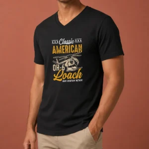 Premium Classic American Hughes OH 6 Cayuse Loach Arm Aviation Action V Neck Shirt in dark color, featuring aviation-themed graphic on front