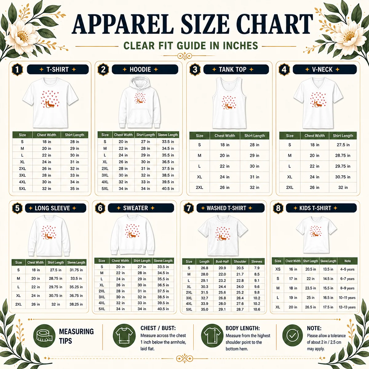 Premium Cute Corgi Dog Valentines Day Size Chart Size chart for Premium Cute Corgi Dog Valentines Day showing measurements in inches and cm