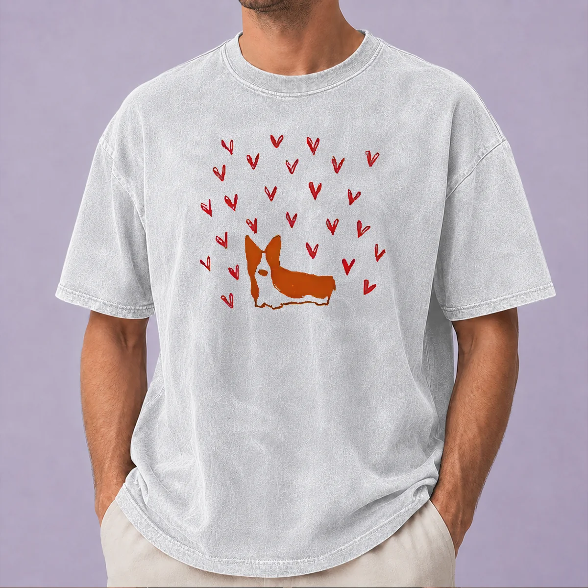 Premium Cute Corgi Dog Valentines Day washed t shirt showing front design on soft fabric