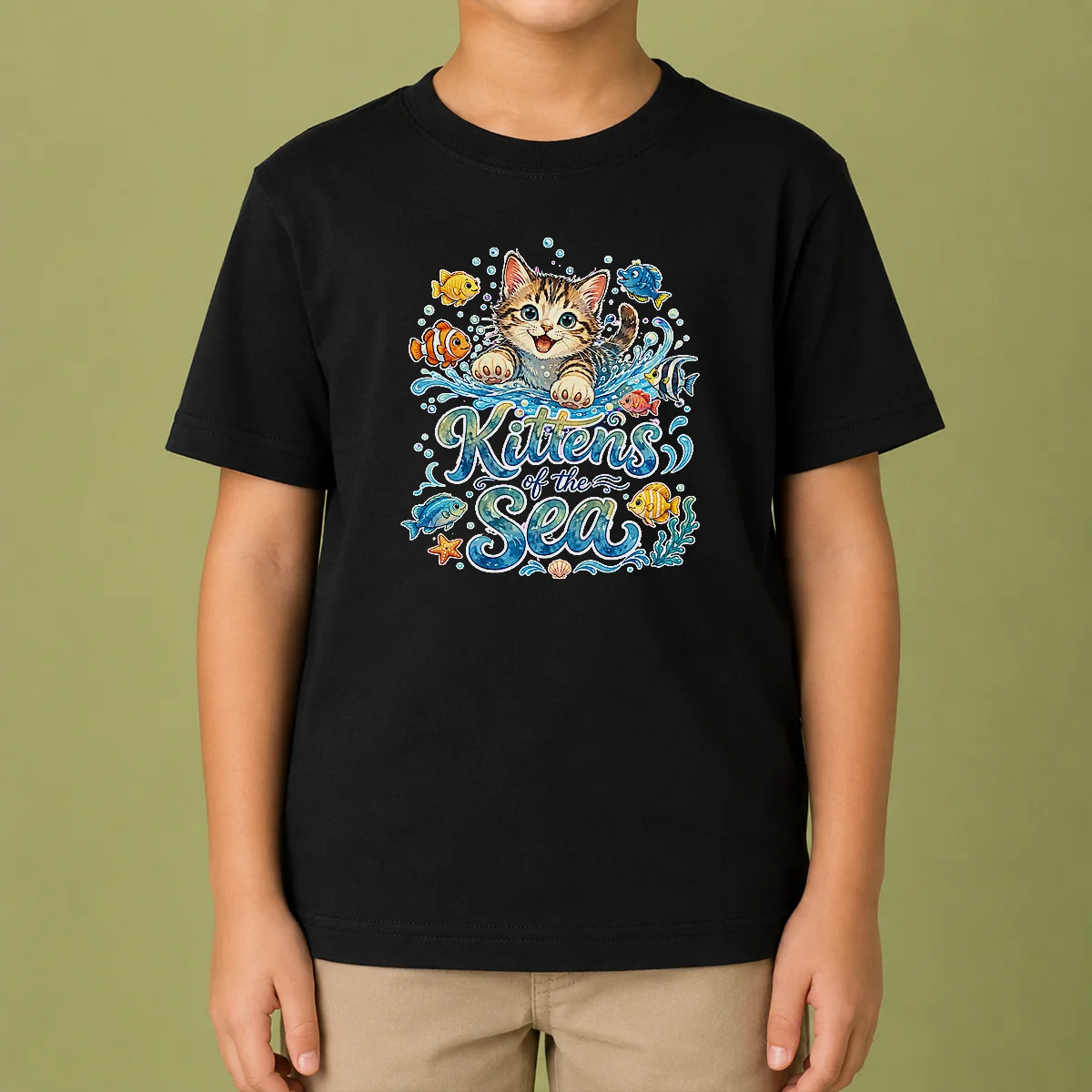 Premium Cute Kittens Of The Sea Watercolor Line Art Kids T-Shirt